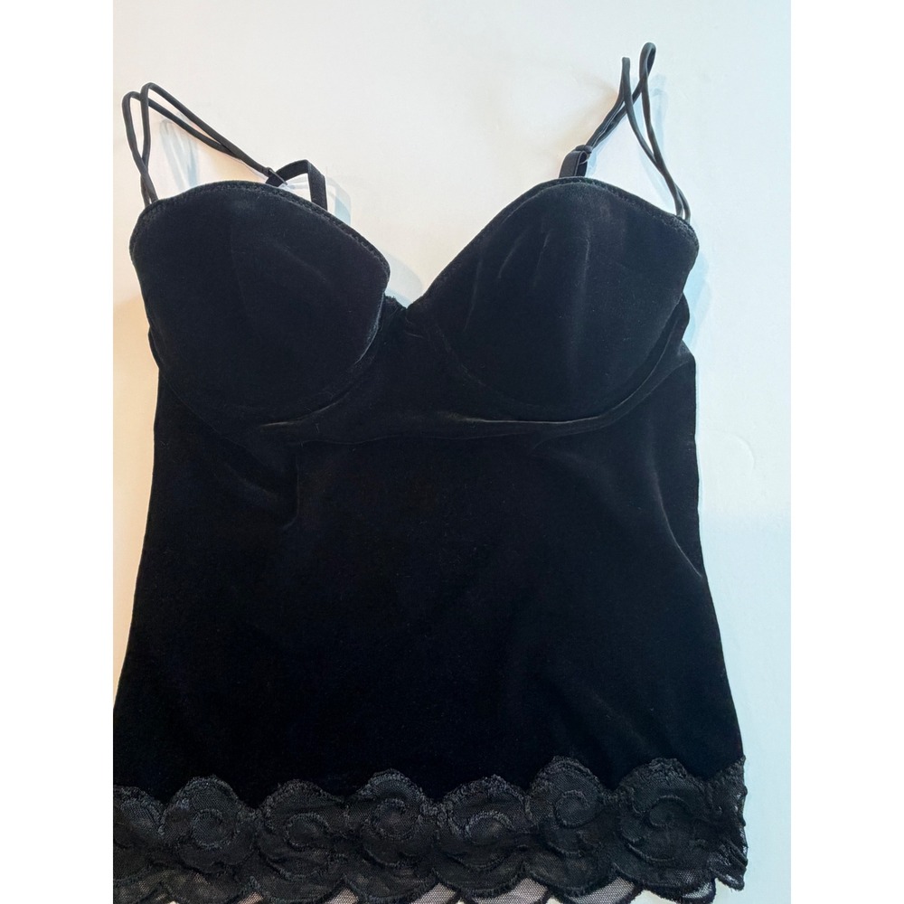 On Gossamer Black Velvet Bustier Camisole Lace Trim Padded Underwire Top Women M - Picture 4 of 6